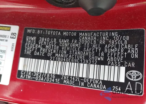 2009 Toyota Corolla Le from USA, damaged, VIN 2T1BU40E69C139312